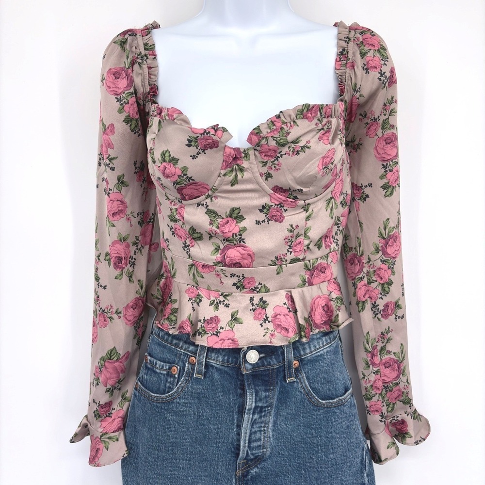 ASTR The Label Floral Corset Top SM Taupe Pink Puff Sleeve Romantic Cottagecore‎